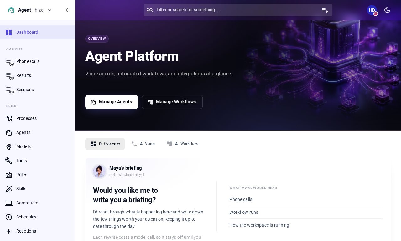 The Hize agent platform dashboard